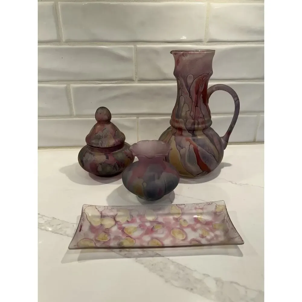 Vtg Rueven Israeli Original Hand Painted Nouveau Art Glass Pitcher Vase Set Of 4